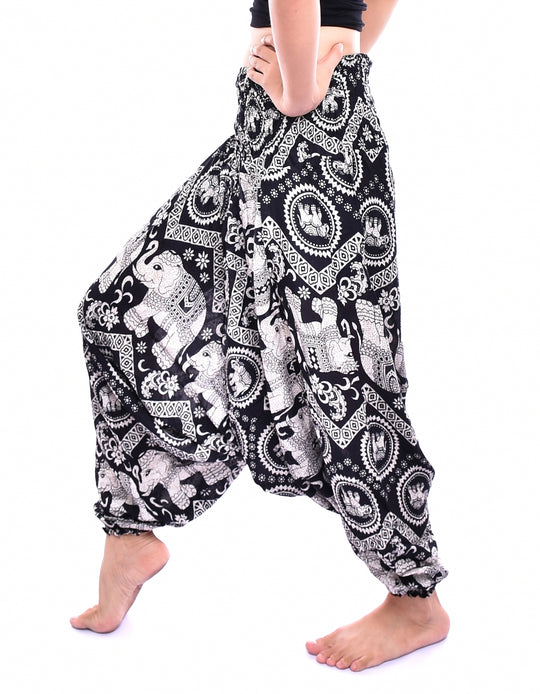 Bohotusk Black Elephant Print Low Crotch Harem Pants Womens Elasticated Smocked Waist S/M
