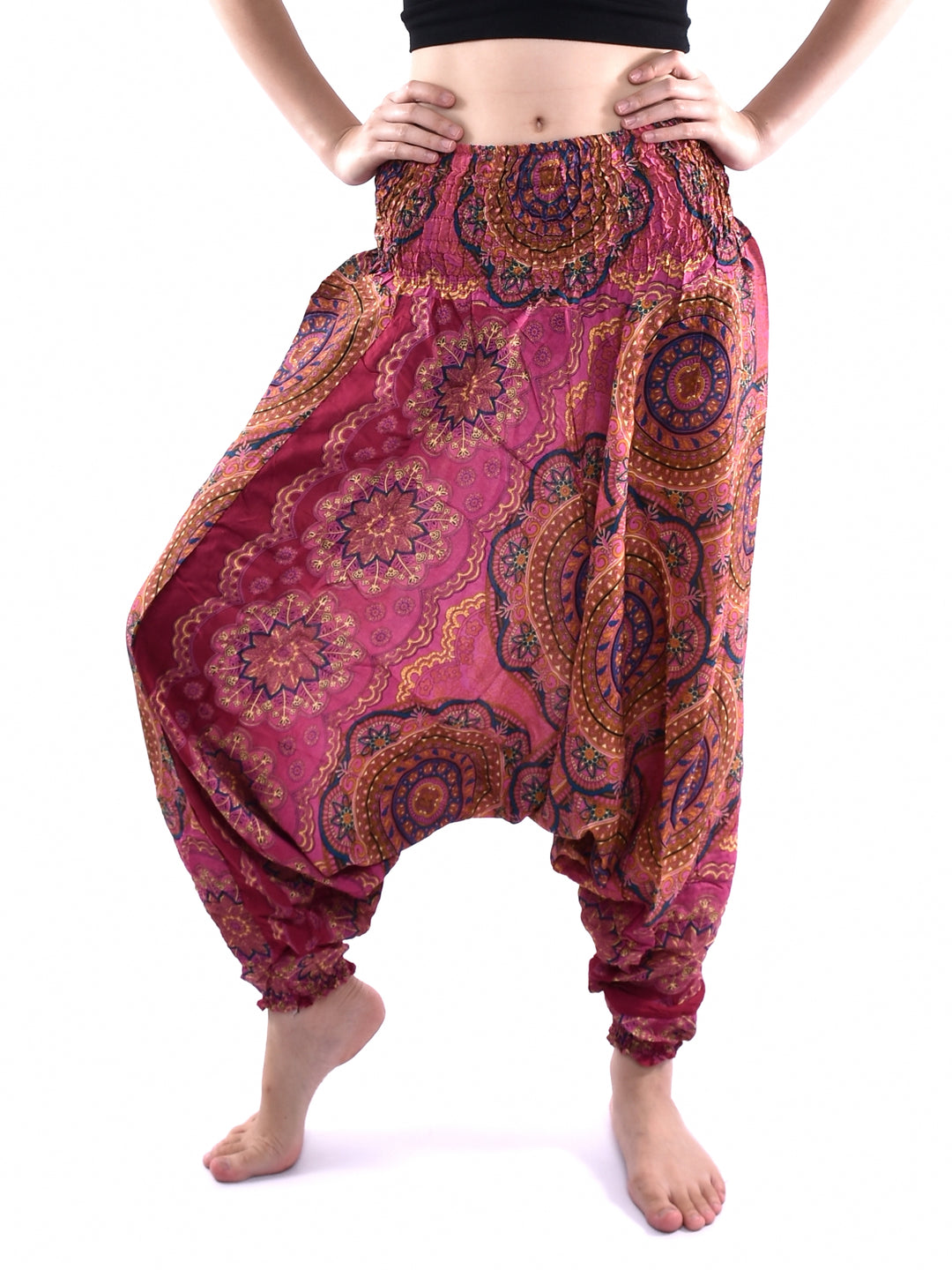 Bohotusk Red Solar Circle Low Crotch Harem Pants Womens Elasticated Smocked Waist S/M