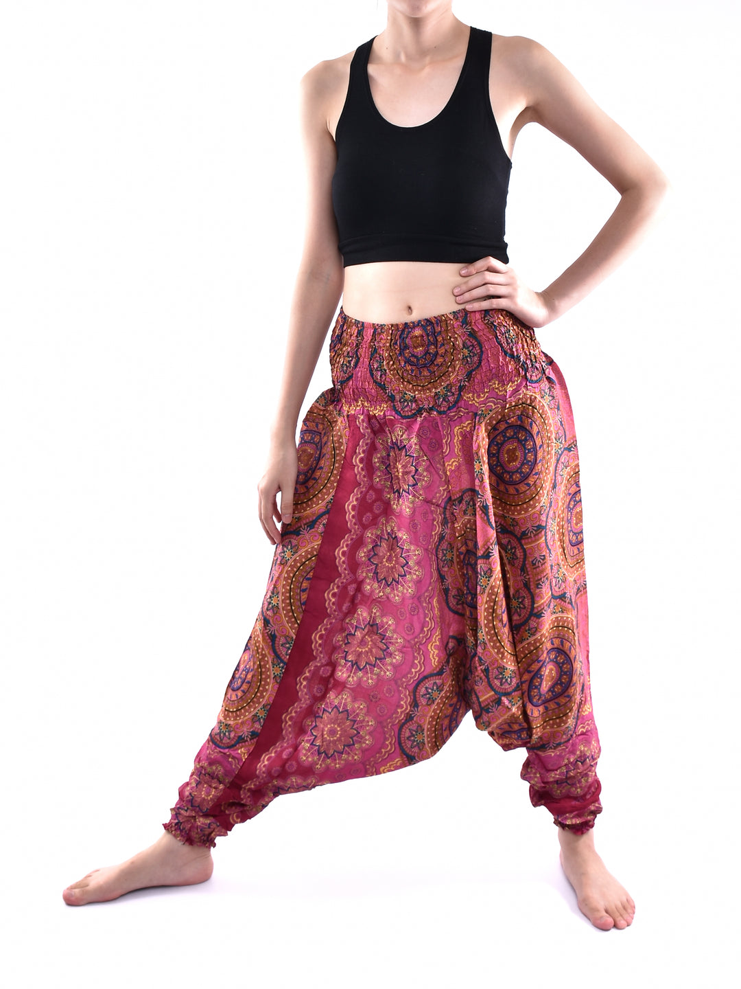 Bohotusk Red Solar Circle Low Crotch Harem Pants Womens Elasticated Smocked Waist S/M