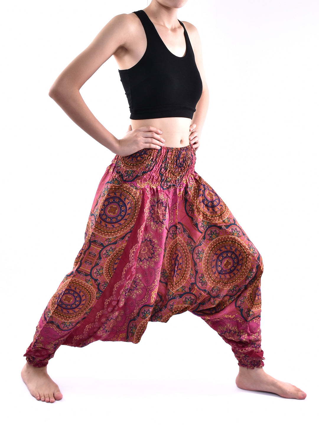 Bohotusk Red Solar Circle Low Crotch Harem Pants Womens Elasticated Smocked Waist S/M