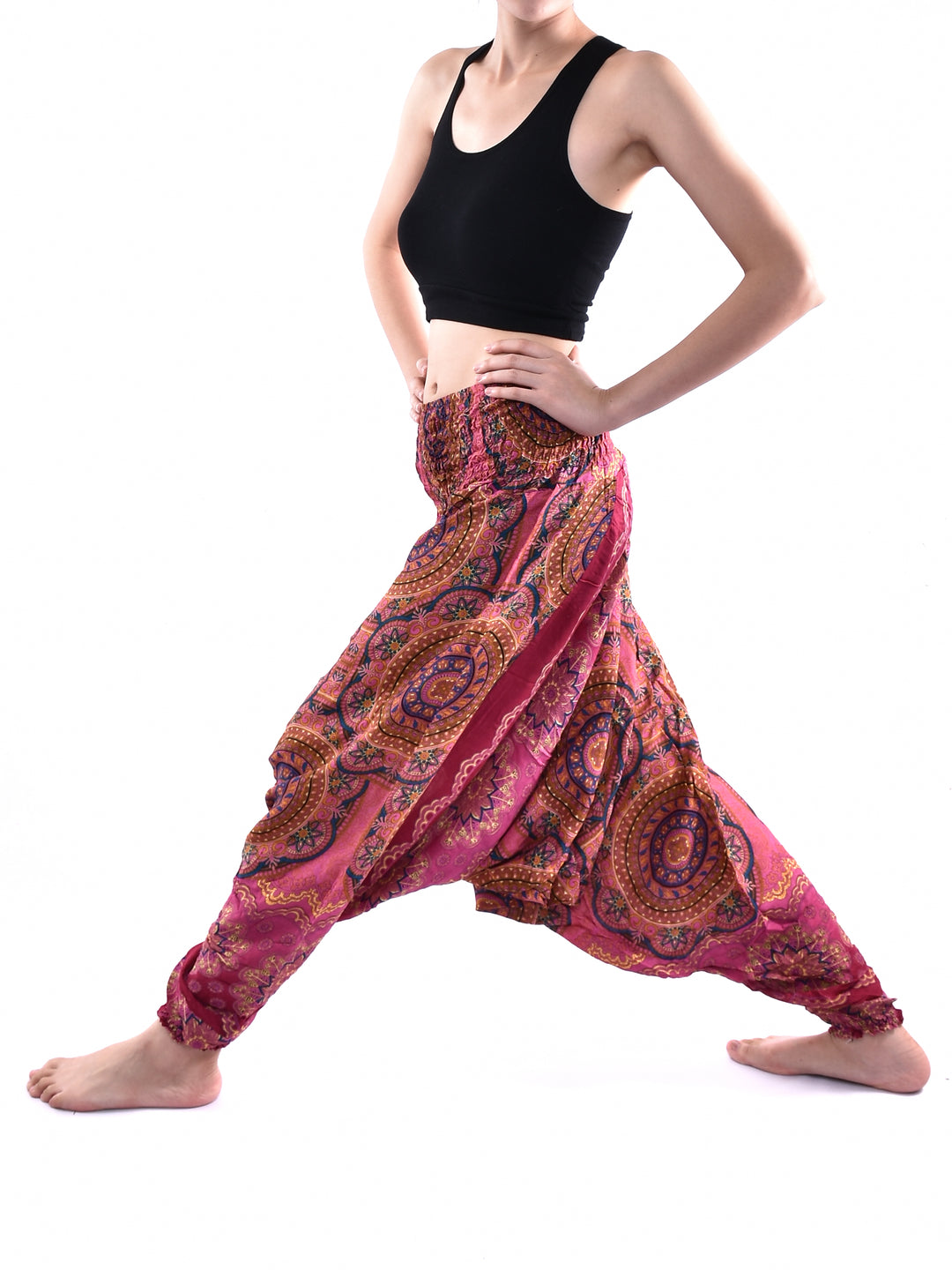 Bohotusk Red Solar Circle Low Crotch Harem Pants Womens Elasticated Smocked Waist S/M