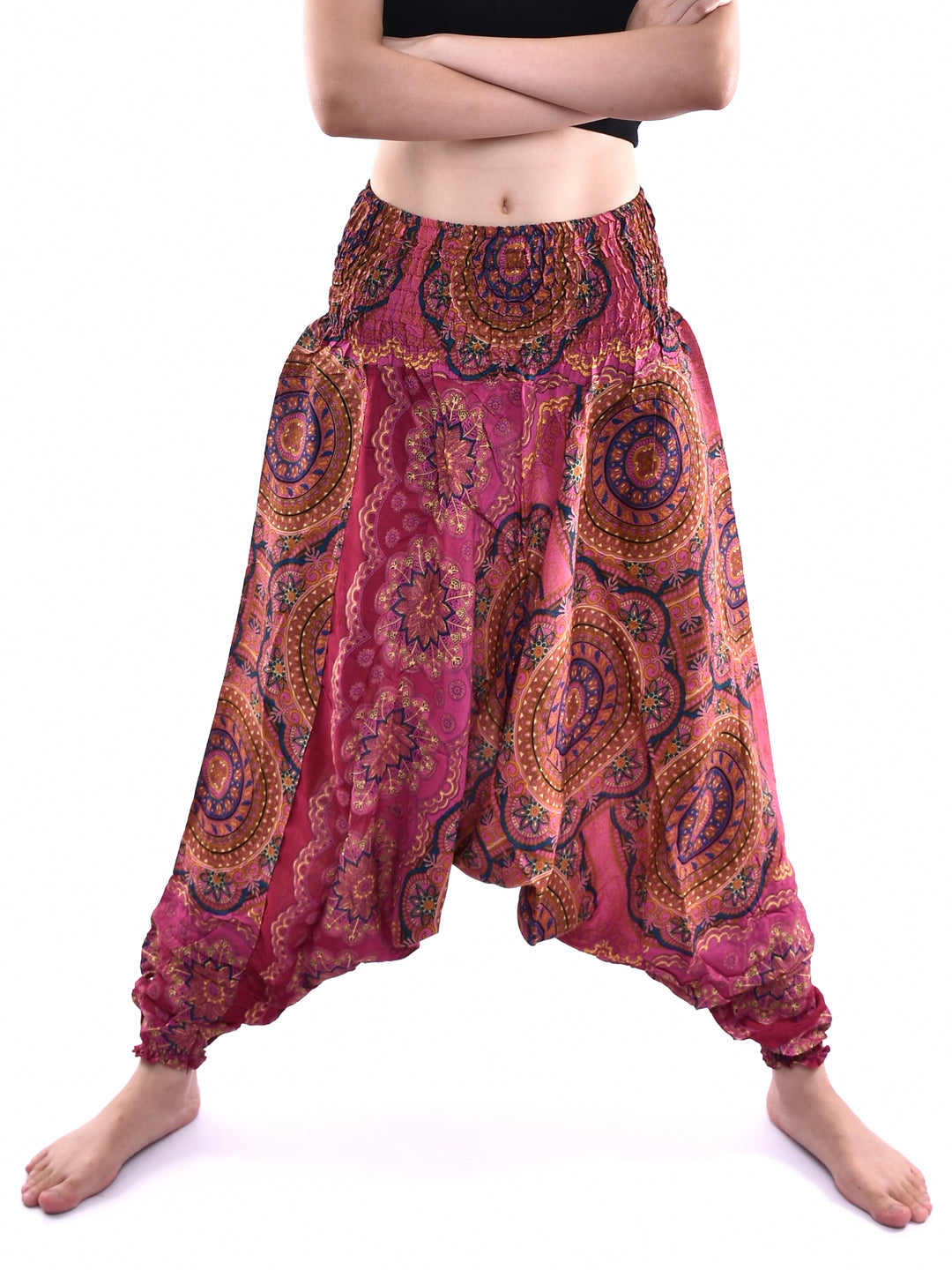 Bohotusk Red Solar Circle Low Crotch Harem Pants Womens Elasticated Smocked Waist S/M