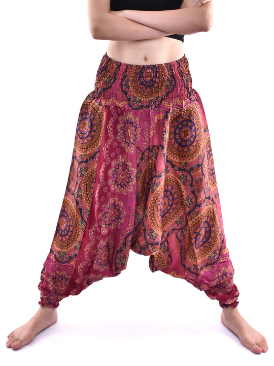Bohotusk Red Solar Circle Low Crotch Harem Pants Womens Elasticated Smocked Waist S/M