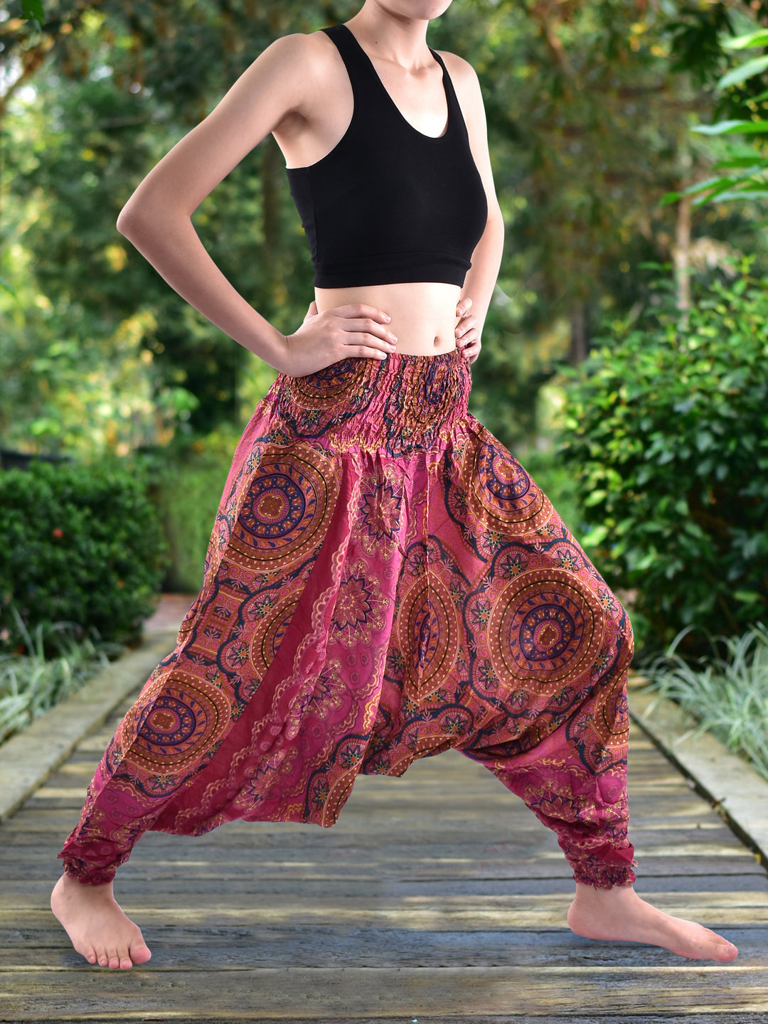 Bohotusk Red Solar Circle Low Crotch Harem Pants Womens Elasticated Smocked Waist S/M