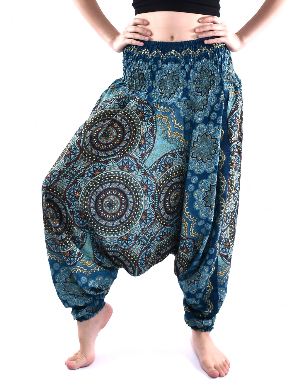 Bohotusk Blue Solar Circle Low Crotch Harem Pants Womens Elasticated Smocked Waist S/M