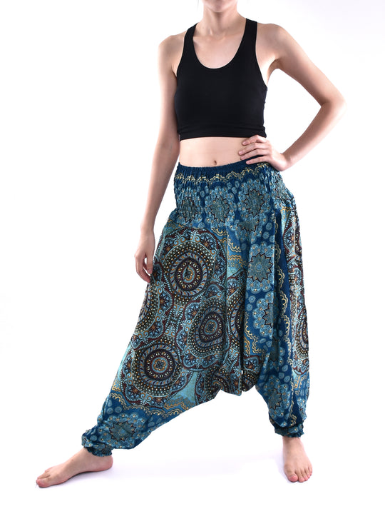 Bohotusk Blue Solar Circle Low Crotch Harem Pants Womens Elasticated Smocked Waist S/M