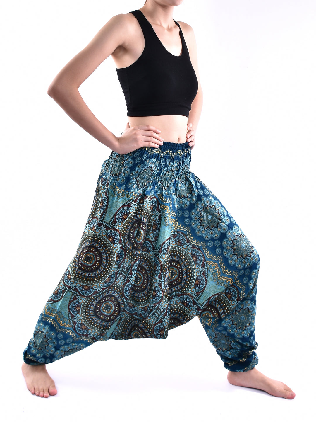 Bohotusk Blue Solar Circle Low Crotch Harem Pants Womens Elasticated Smocked Waist S/M