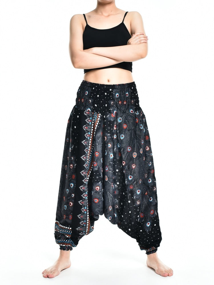 Bohotusk Teal Green Peacock Print Low Crotch Harem Pants Womens Elasticated Smocked Waist S/M