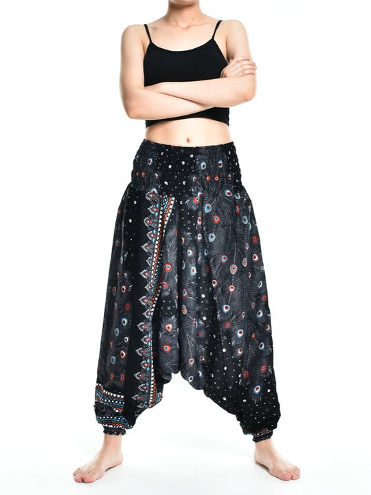 Bohotusk Teal Green Peacock Print Low Crotch Harem Pants Womens Elasticated Smocked Waist S/M