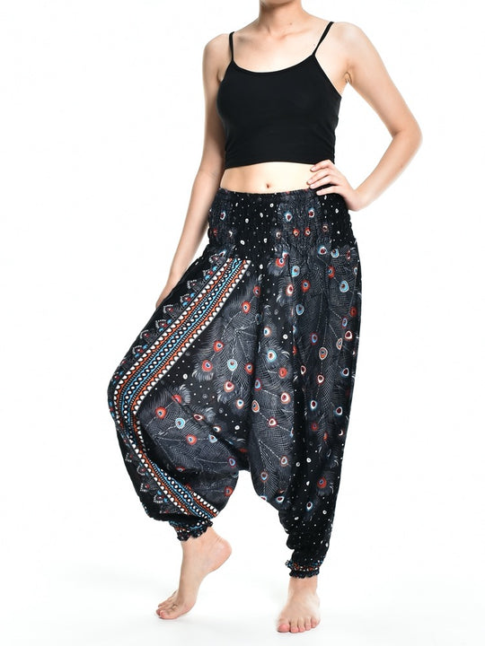 Bohotusk Teal Green Peacock Print Low Crotch Harem Pants Womens Elasticated Smocked Waist S/M