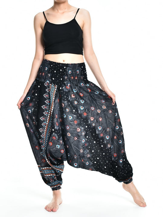Bohotusk Teal Green Peacock Print Low Crotch Harem Pants Womens Elasticated Smocked Waist S/M