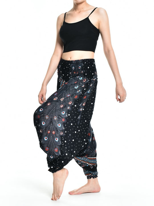 Bohotusk Teal Green Peacock Print Low Crotch Harem Pants Womens Elasticated Smocked Waist S/M