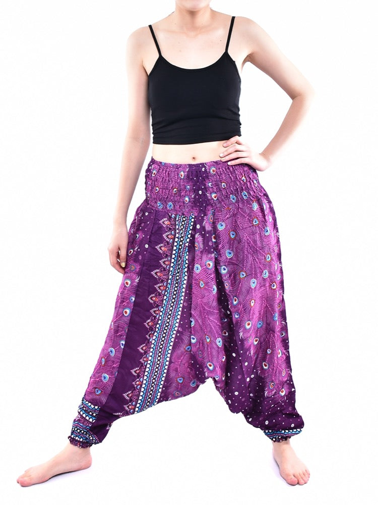 Bohotusk Purple Peacock Print Low Crotch Harem Pants Womens Elasticated Smocked Waist S/M