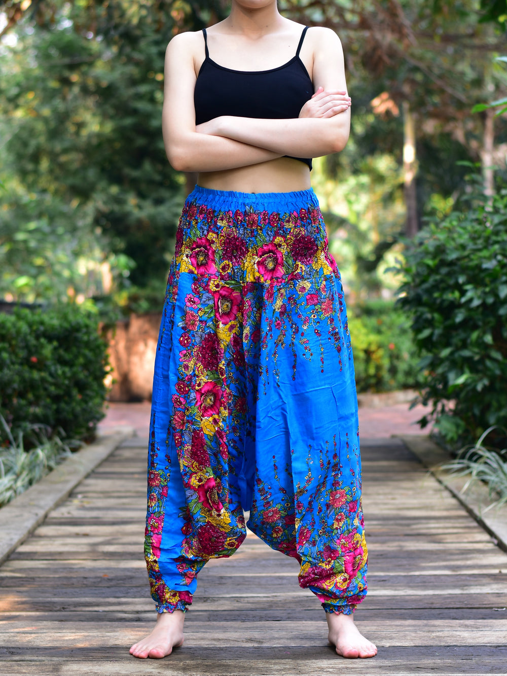 Bohotusk Light Blue Floral Low Crotch Harem Pants Womens Elasticated Smocked Waist S/M Only