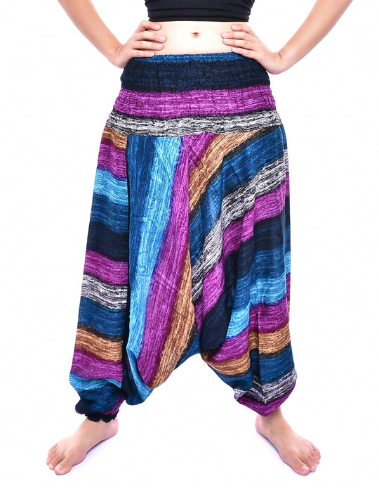 Bohotusk Purple Multi Stripe Low Crotch Harem Pants Womens Elasticated Smocked Waist S/M