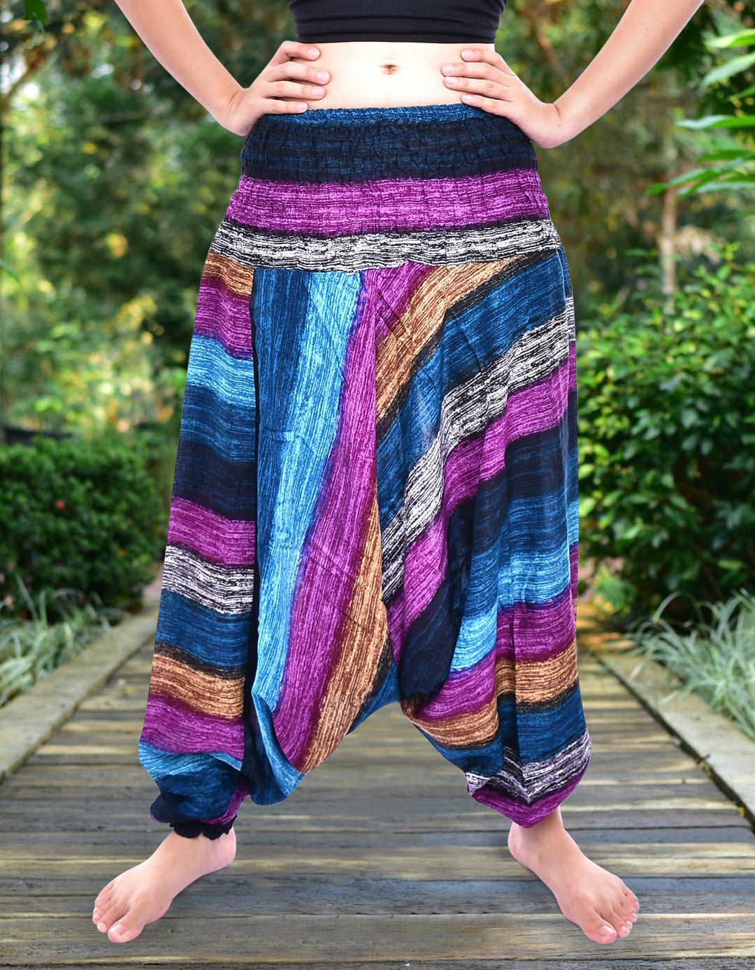 Bohotusk Purple Multi Stripe Low Crotch Harem Pants Womens Elasticated Smocked Waist S/M