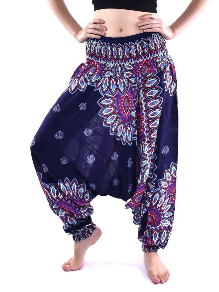 Bohotusk Blue Thai Flower Low Crotch Harem Pants Womens Elasticated Smocked Waist S/M