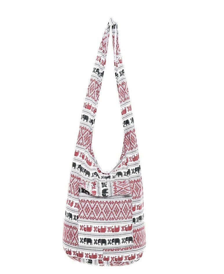 Bohotusk Striped Red White Elephant Print Cotton Canvas Sling Shoulder Bag