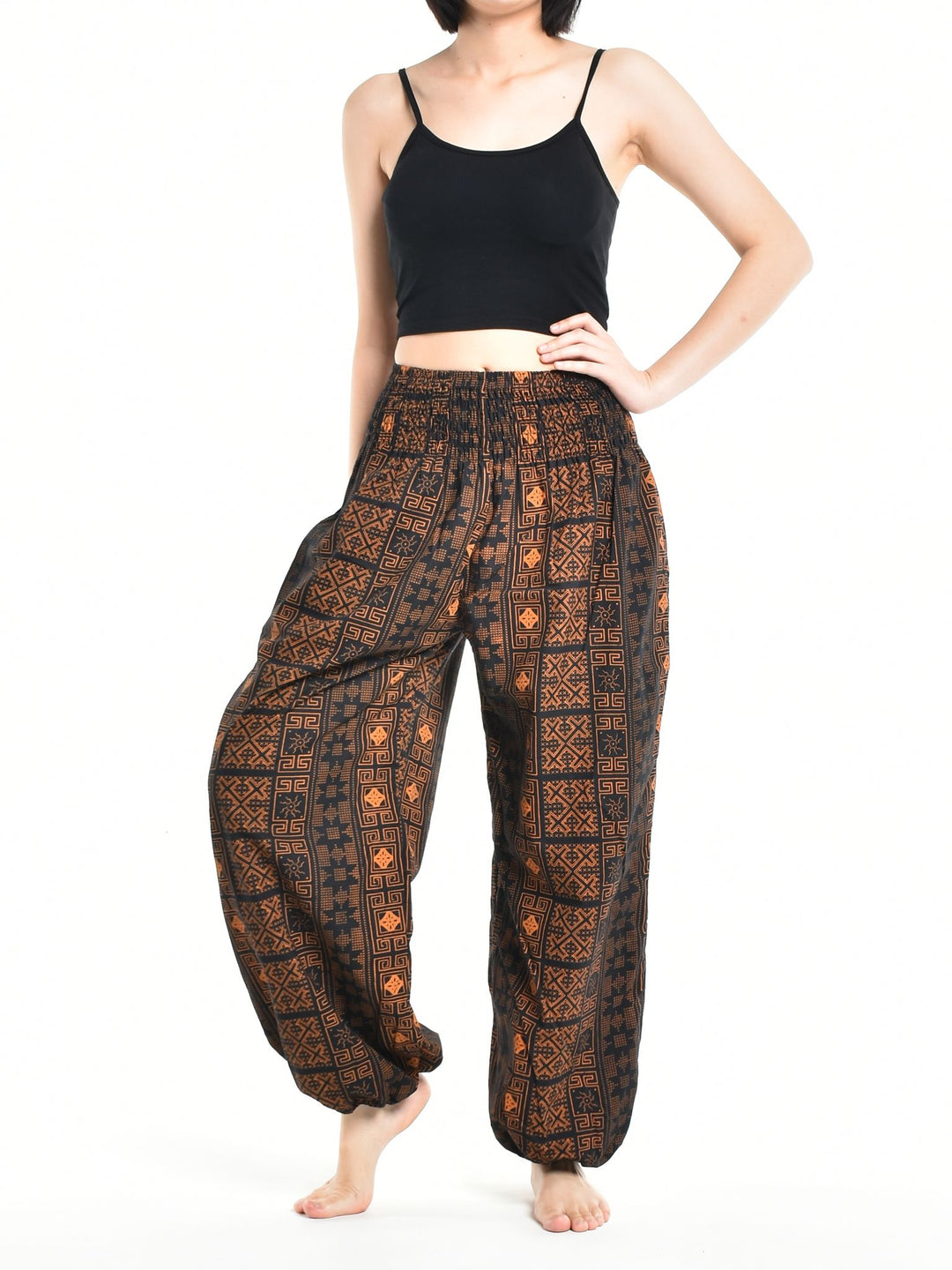 Bohotusk Womens Autumn Brown Orange Diamond Cotton Harem Pants S/M to L/XL