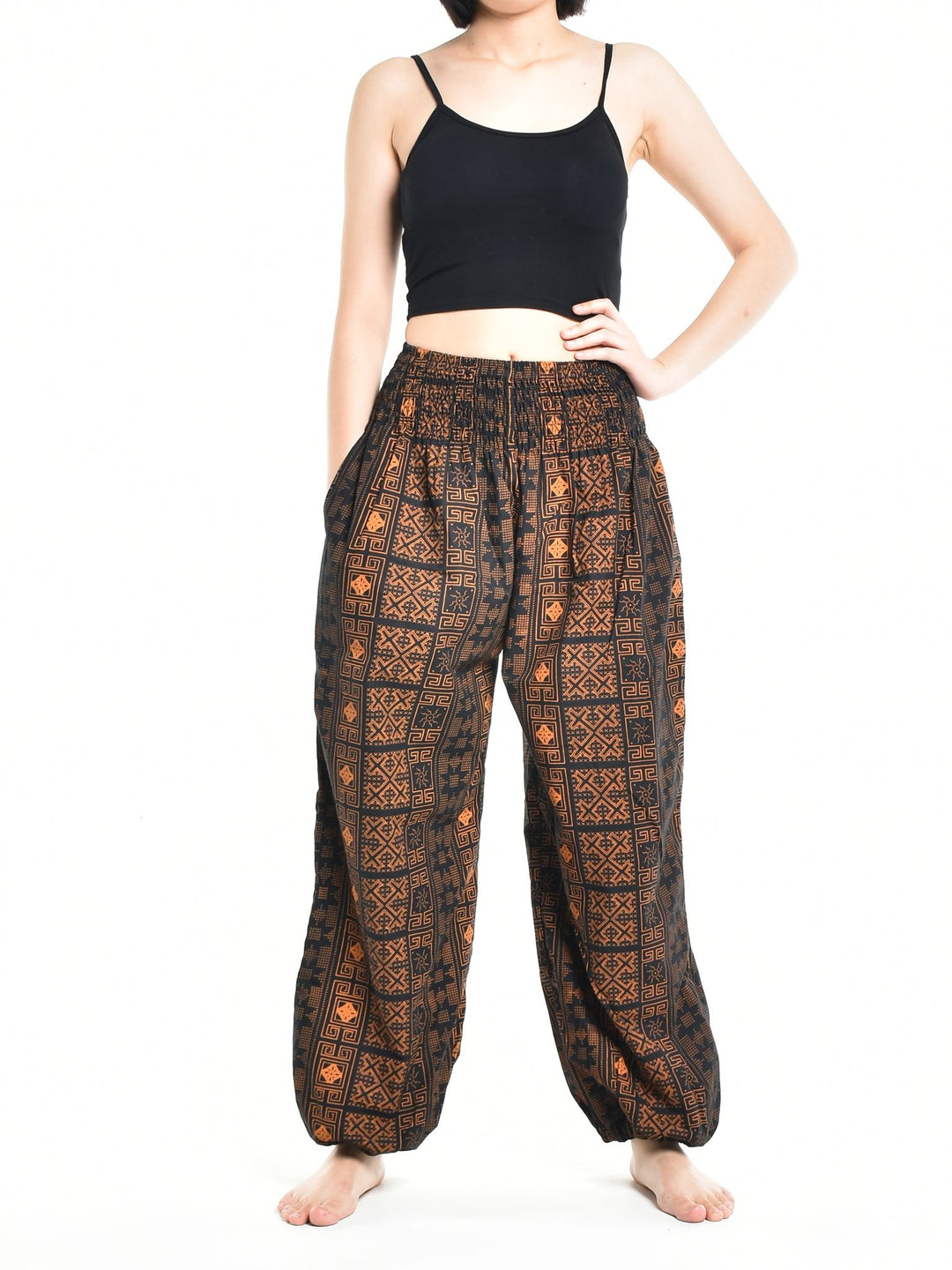 Bohotusk Womens Autumn Brown Orange Diamond Cotton Harem Pants S/M to L/XL