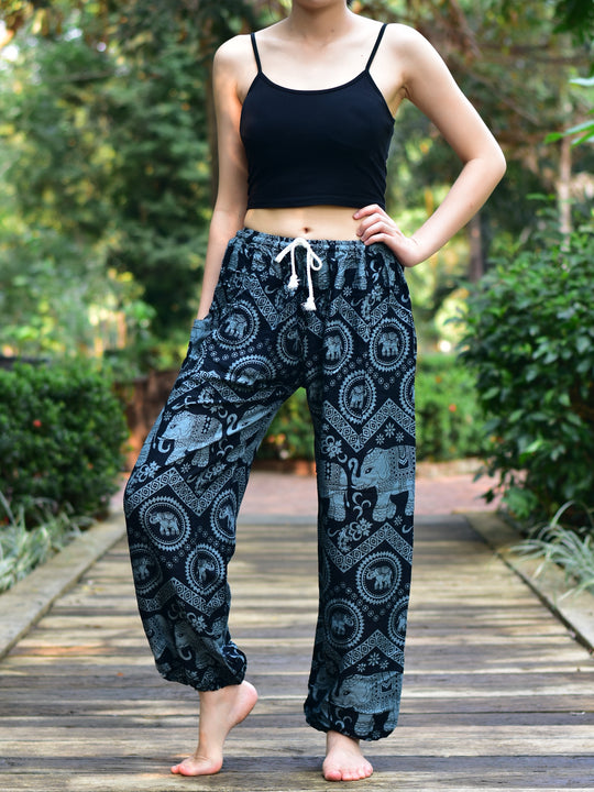 Bohotusk Black Elephant Tusker Print Womens Harem Pants Tie Waist S/M to L/XL