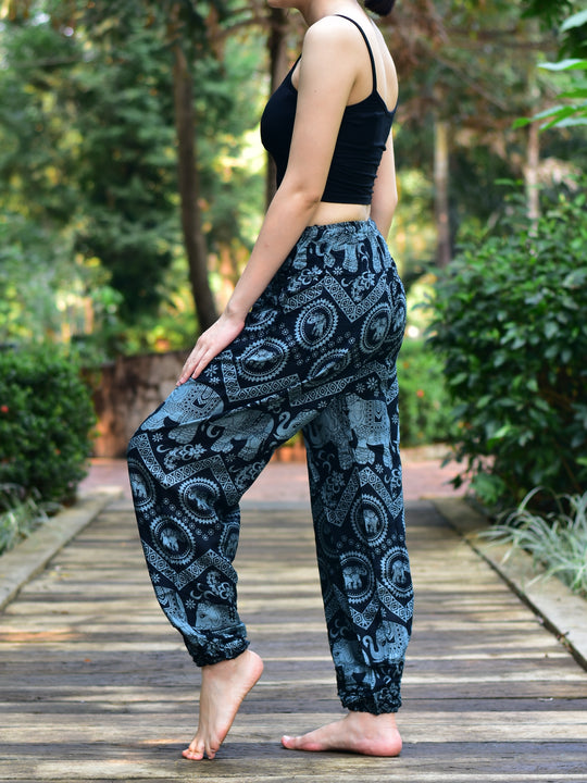 Bohotusk Black Elephant Tusker Print Womens Harem Pants Tie Waist S/M to L/XL