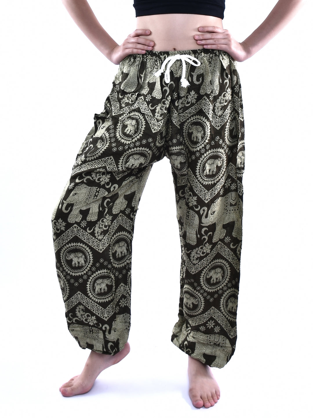 Bohotusk Olive Green Elephant Tusker Print Womens Harem Pants Tie Waist S/M to L/XL