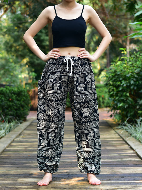 Bohotusk Black Elephant Print Womens Harem Pants Tie Waist S/M to 3XL