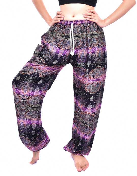 Bohotusk Purple Teardrop Print Womens Harem Pants Tie Waist S/M