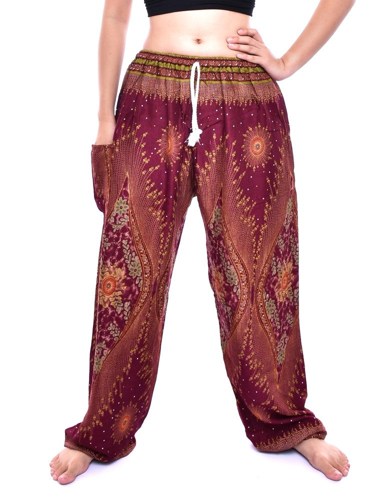 Bohotusk Maroon Moonshine Print Womens Harem Pants Tie Waist S/M to 3XL
