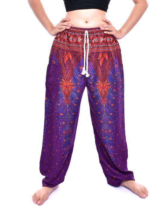 Bohotusk Purple Peacock Print Womens Harem Pants Tie Waist S/M