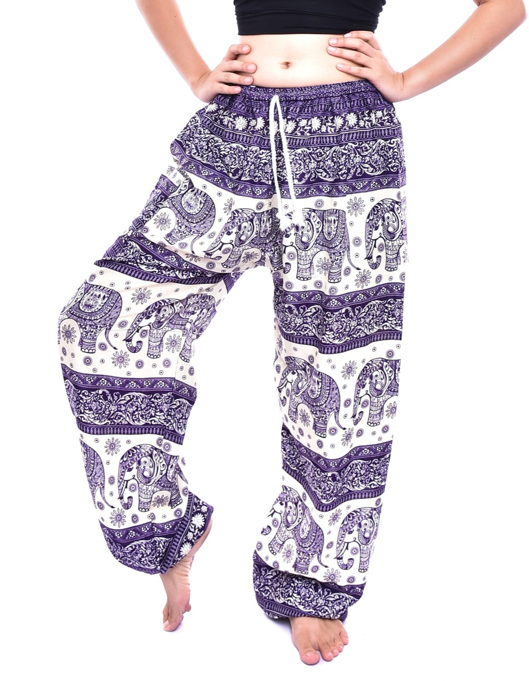 Bohotusk Purple Elephant Herd Print Womens Harem Pants Cord Tie Waist S/M