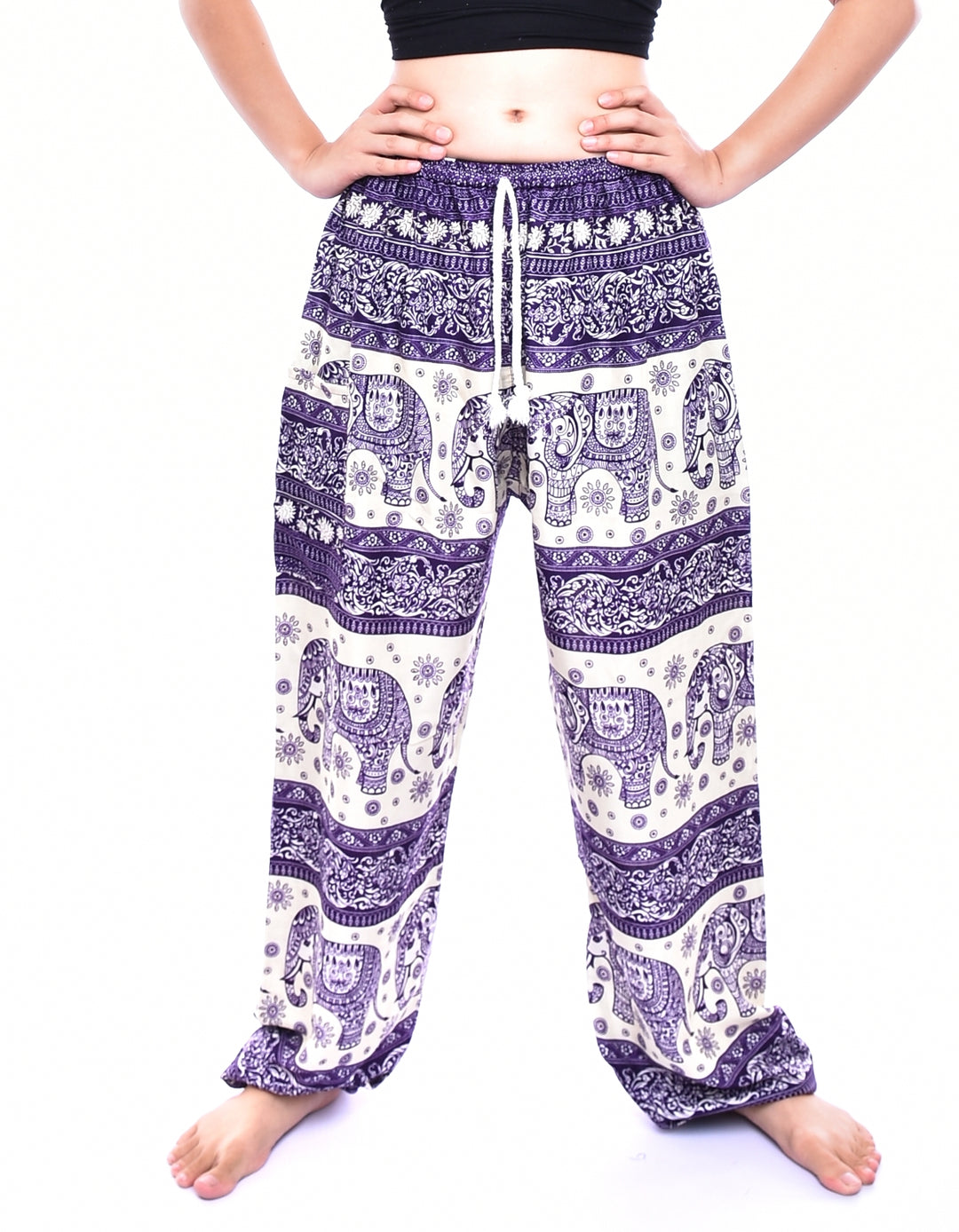Bohotusk Purple Elephant Herd Print Womens Harem Pants Cord Tie Waist S/M
