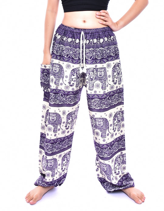 Bohotusk Purple Elephant Herd Print Womens Harem Pants Cord Tie Waist S/M