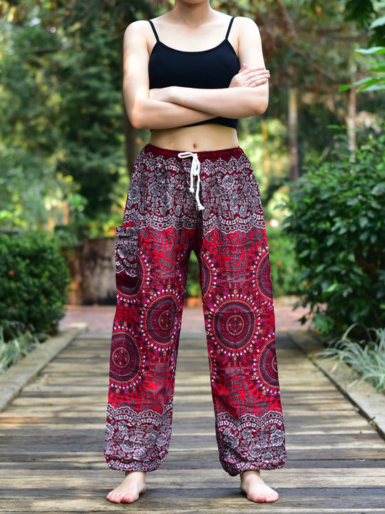 Bohotusk Red Sun Beam Print Womens Harem Pants Tie Waist S/M to 3xl