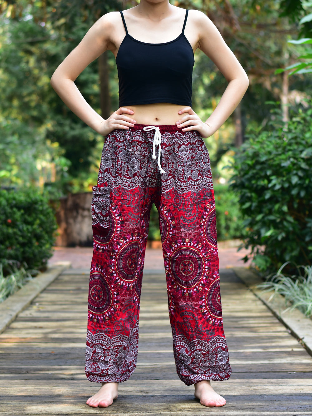 Bohotusk Red Sun Beam Print Womens Harem Pants Tie Waist S/M to 3xl