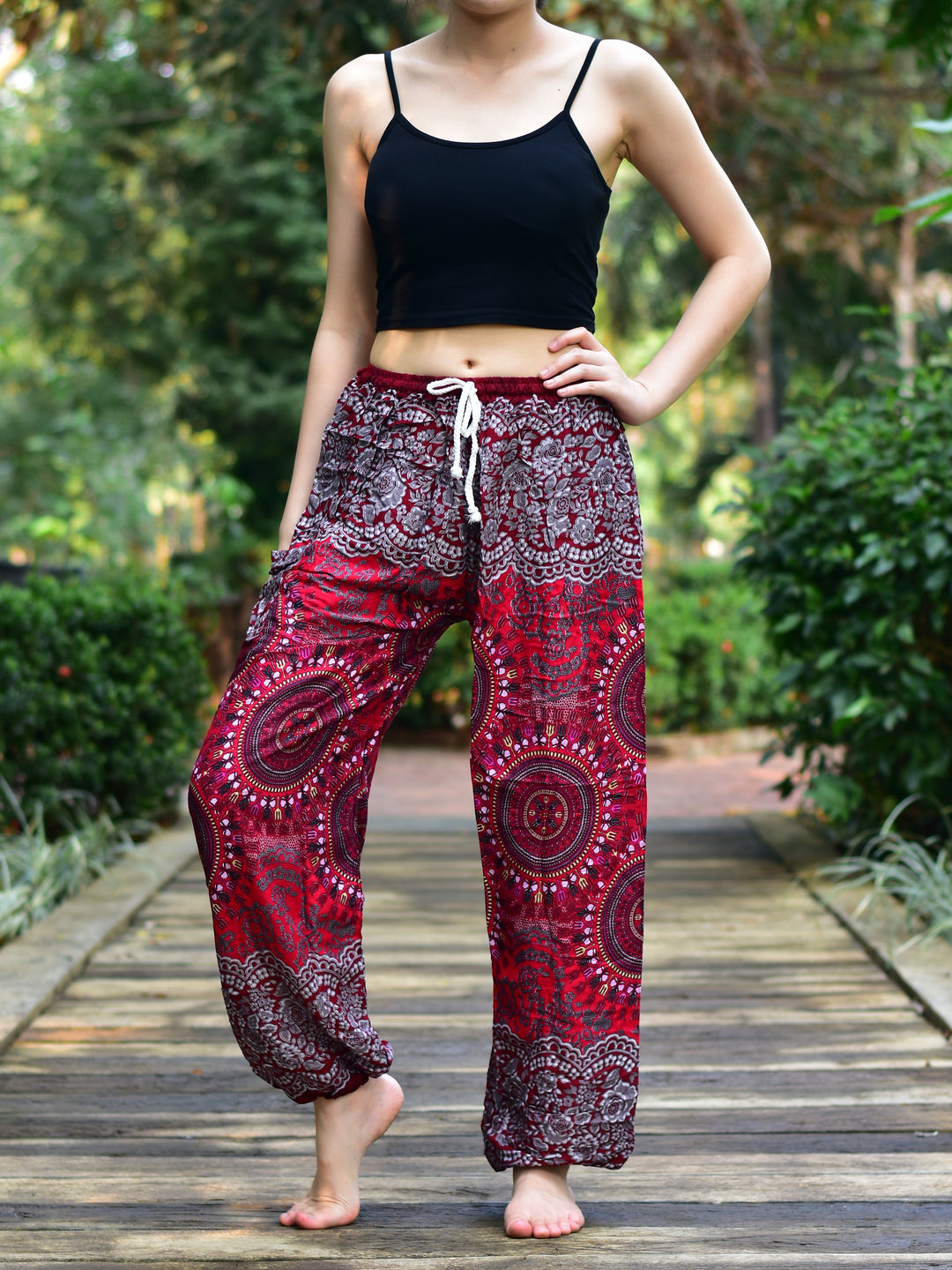 Bohotusk Red Sun Beam Print Womens Harem Pants Tie Waist S/M to 3xl