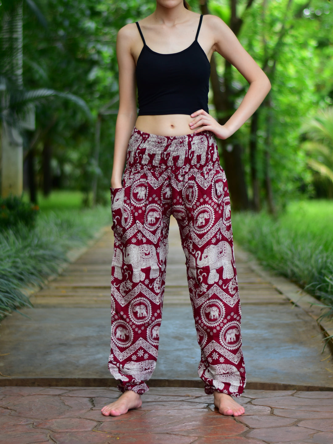 Bohotusk Red Elephant Paradise Print Elasticated Smocked Waist Womens Harem Pants S/M