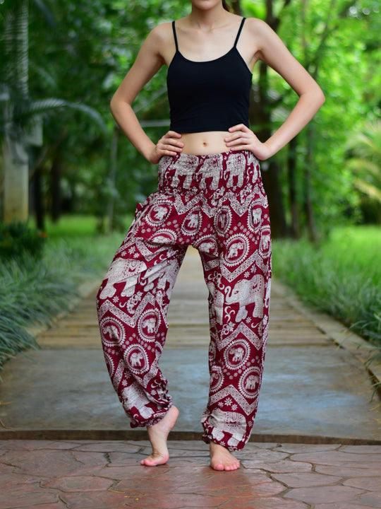 Bohotusk Red Elephant Paradise Print Elasticated Smocked Waist Womens Harem Pants S/M