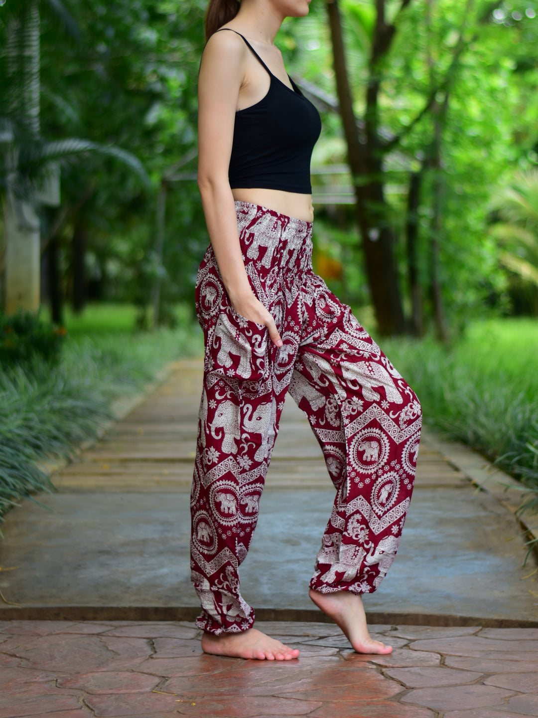 Bohotusk Red Elephant Paradise Print Elasticated Smocked Waist Womens Harem Pants S/M