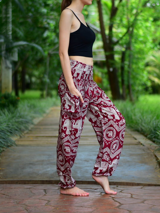 Bohotusk Red Elephant Paradise Print Elasticated Smocked Waist Womens Harem Pants S/M