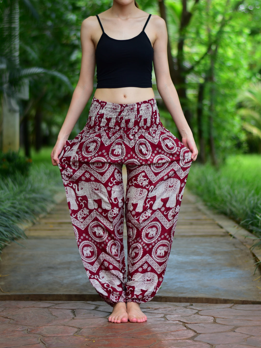 Bohotusk Red Elephant Paradise Print Elasticated Smocked Waist Womens Harem Pants S/M