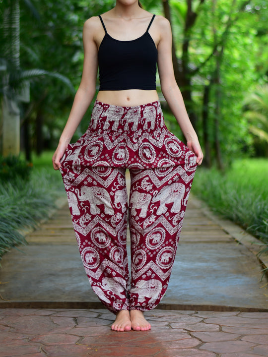 Bohotusk Red Elephant Paradise Print Elasticated Smocked Waist Womens Harem Pants S/M