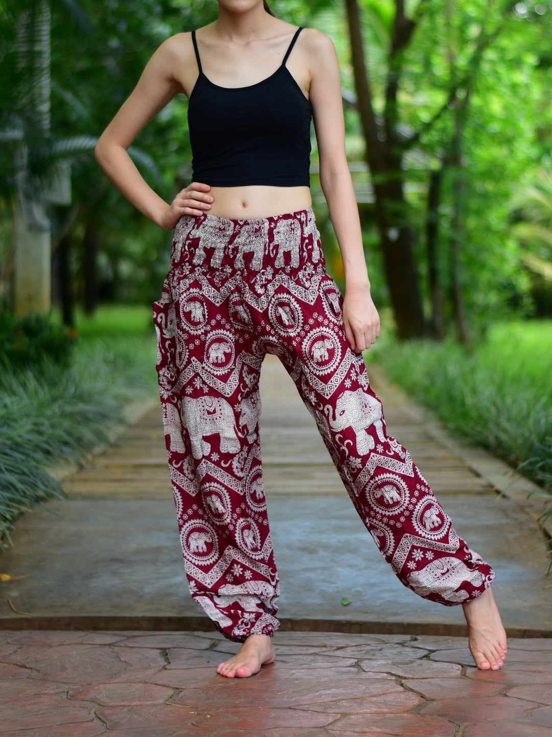 Bohotusk Red Elephant Paradise Print Elasticated Smocked Waist Womens Harem Pants S/M