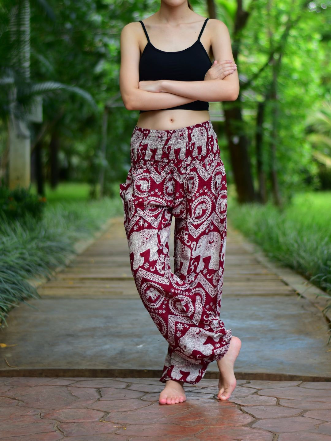 Bohotusk Red Elephant Paradise Print Elasticated Smocked Waist Womens Harem Pants S/M