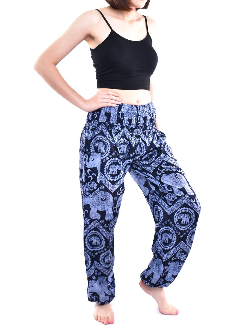 Bohotusk Blue Elephant Tusker Elasticated Smocked Waist Womens Harem Pants S/M to 3XL