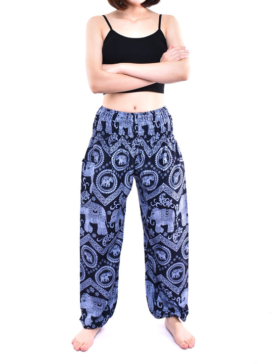 Bohotusk Blue Elephant Tusker Elasticated Smocked Waist Womens Harem Pants S/M to 3XL