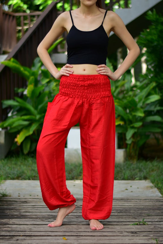 Bohotusk Light Red Plain Elasticated Smocked Waist Womens Harem Pants S/M to 3XL