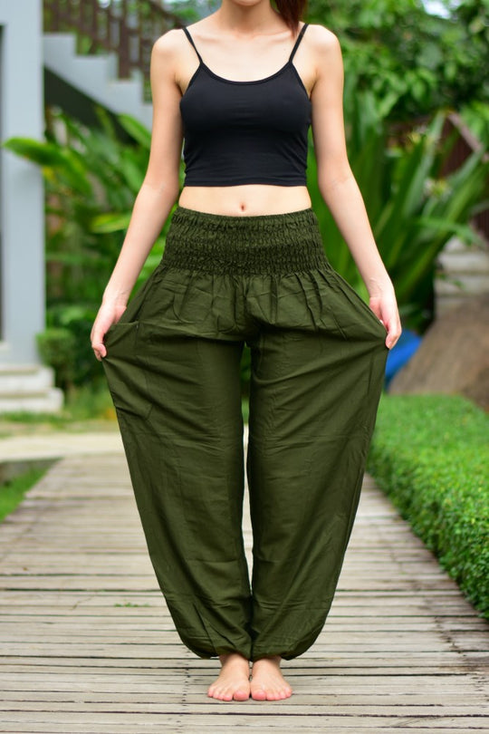 Bohotusk Kids Girls Plain Olive Green Elasticated Smocked Waist Harem Pants 3 Sizes Ages 6 to 15 Years