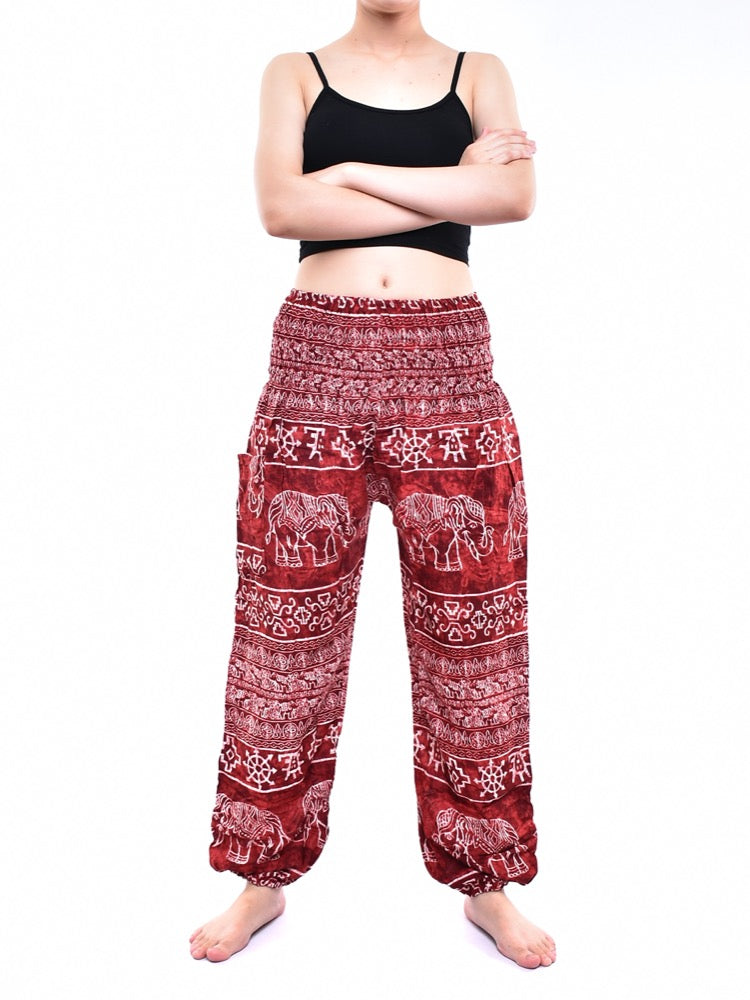 Bohotusk Red Amboseli Elephant Elasticated Smocked Waist Womens Harem Pants S/M